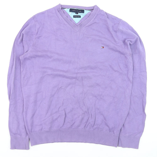 Tommy Hilfiger Men's Purple V-Neck Cotton Pullover Jumper M
