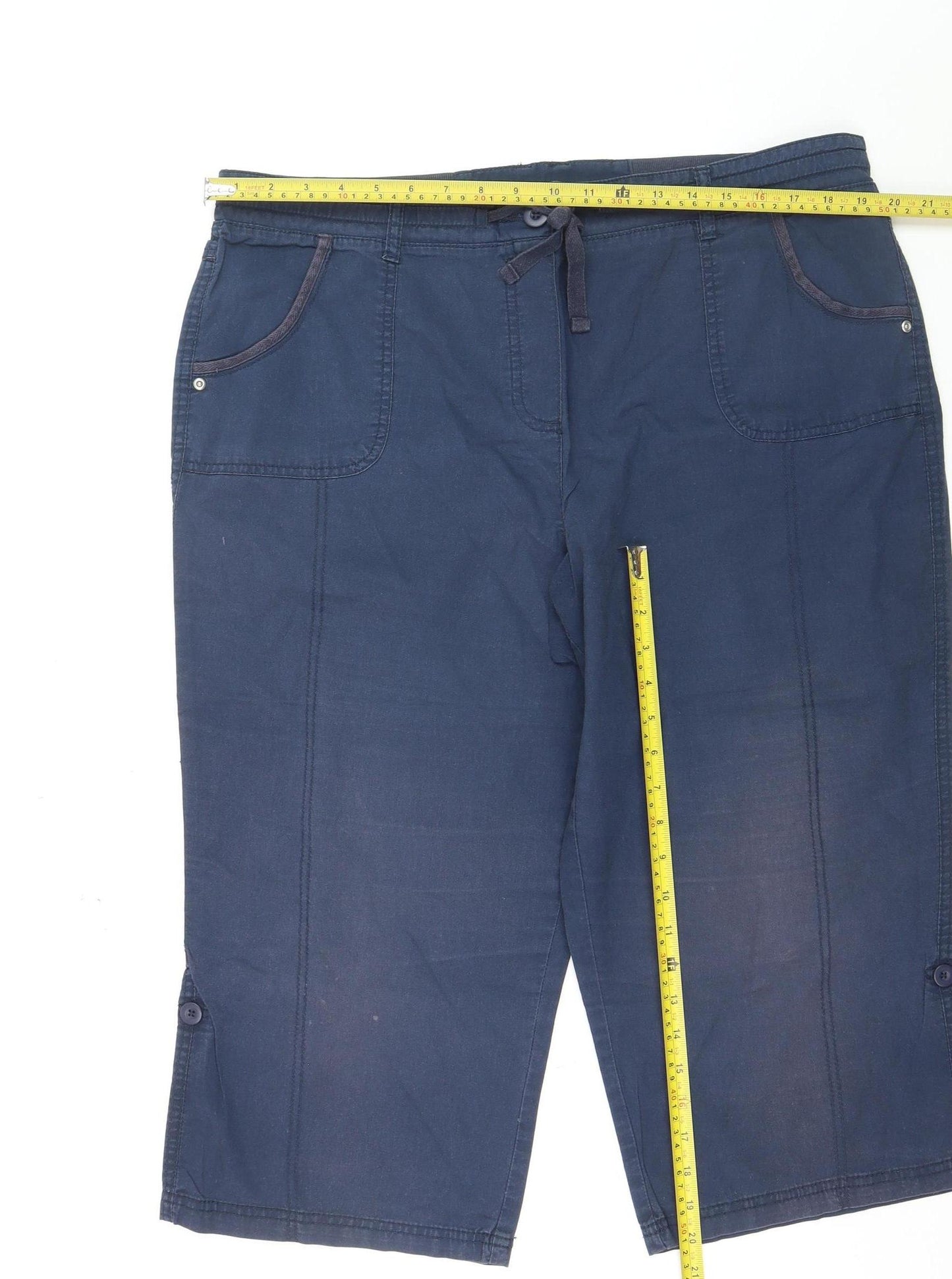 BHS Womens Blue Cotton Capri Trousers Size 18 Elastic Waist Casual