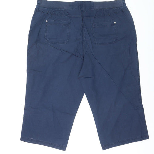 BHS Womens Blue Cotton Capri Trousers Size 18 Elastic Waist Casual