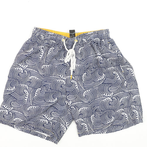F&F Men’s Blue Wave Print Swim Shorts Size M Elastic Waist Drawstring