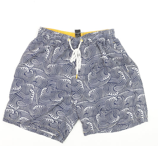 F&F Men’s Blue Wave Print Swim Shorts Size M Elastic Waist Drawstring