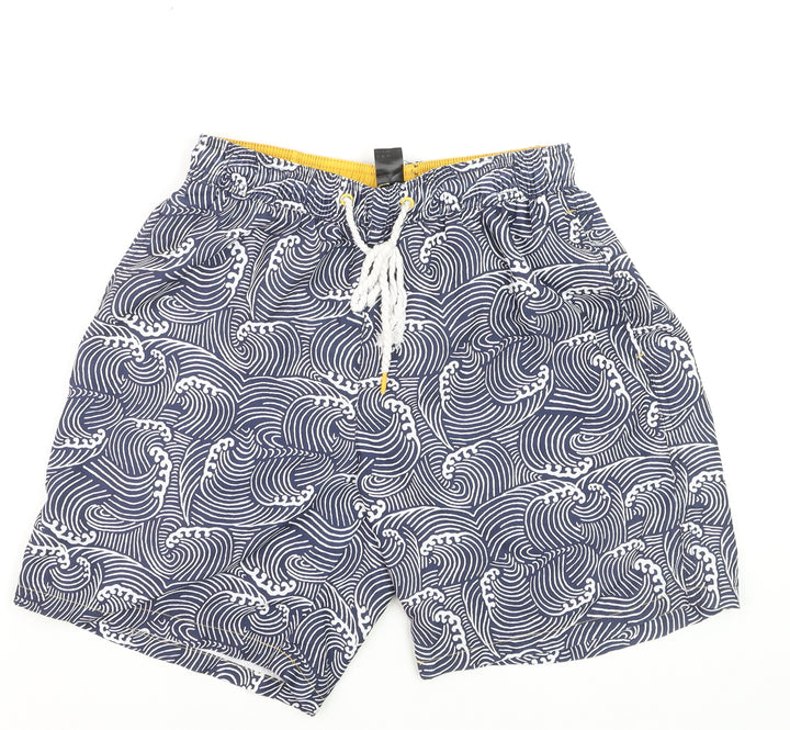 F&F Men’s Blue Wave Print Swim Shorts Size M Elastic Waist Drawstring
