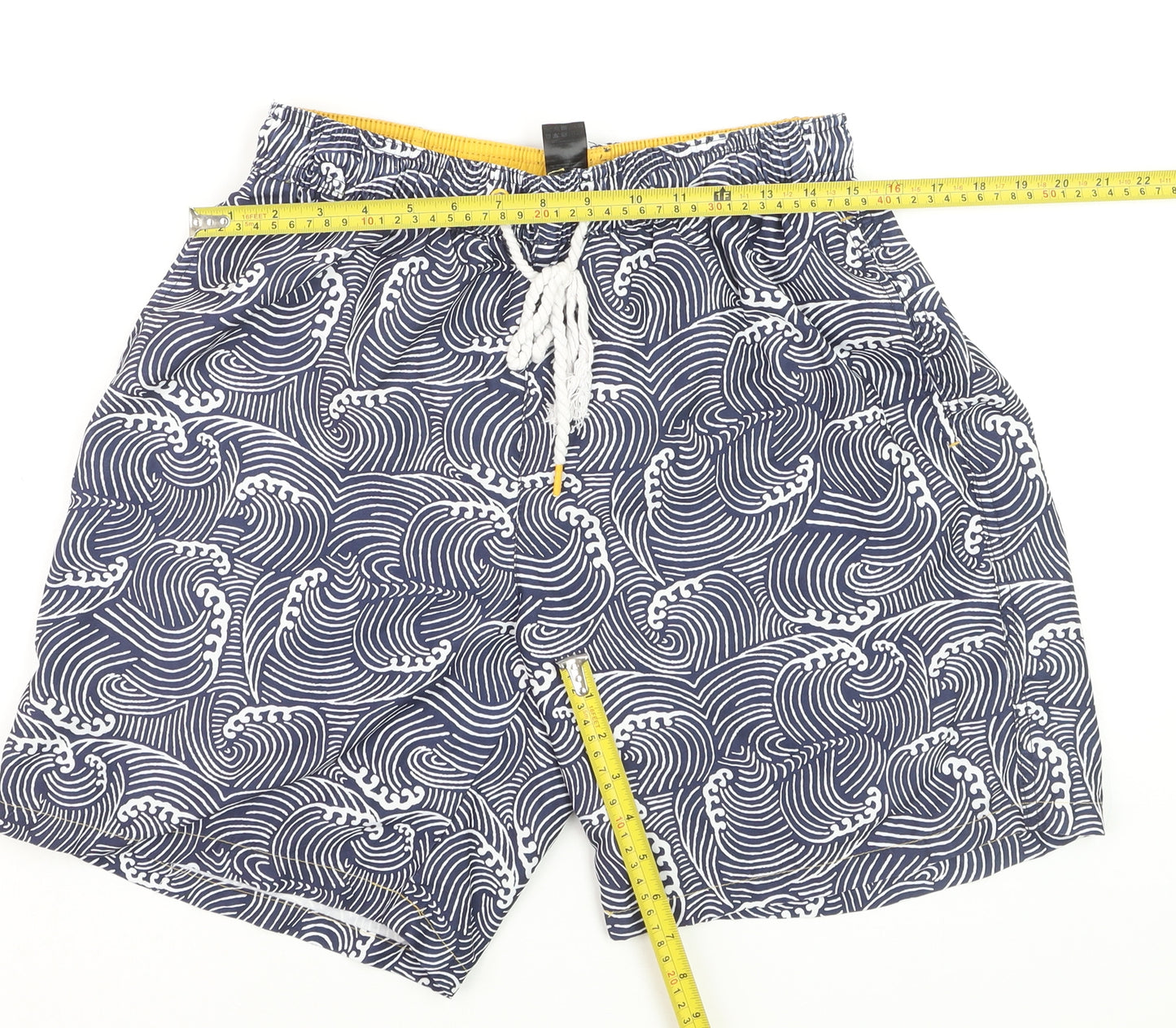 F&F Men’s Blue Wave Print Swim Shorts Size M Elastic Waist Drawstring