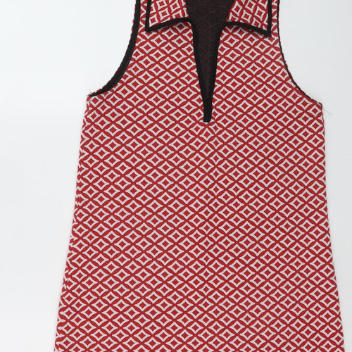 Zara Women Red Geometric Sleeveless Collared Shift Dress Size 10