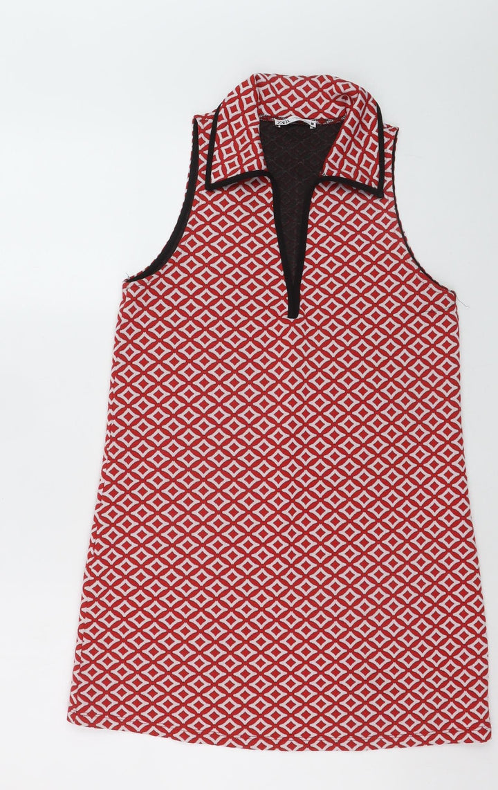 Zara Women Red Geometric Sleeveless Collared Shift Dress Size 10
