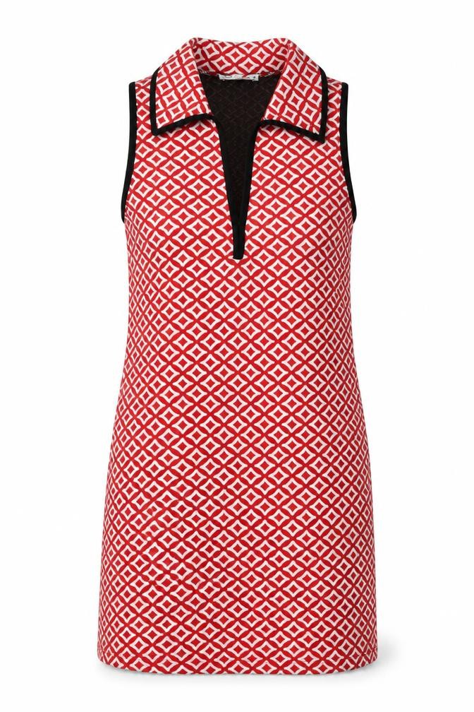 Front view of Zara Women Red Geometric Sleeveless Collared Shift Dress, size 10