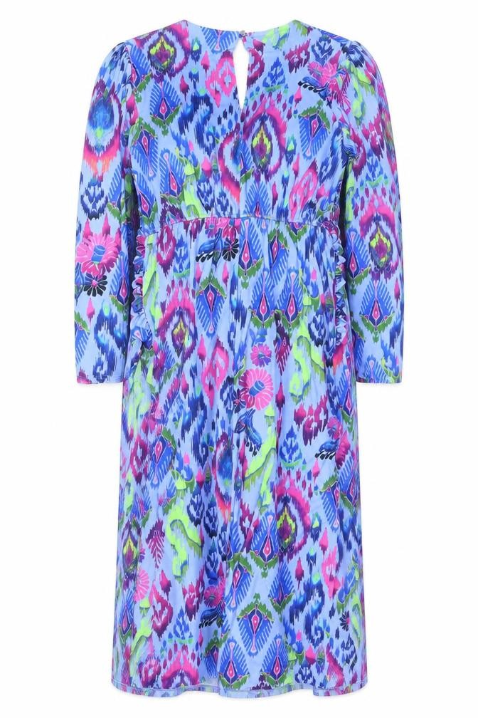 Front view of Gallery women’s blue geometric bodycon knee dress uk14