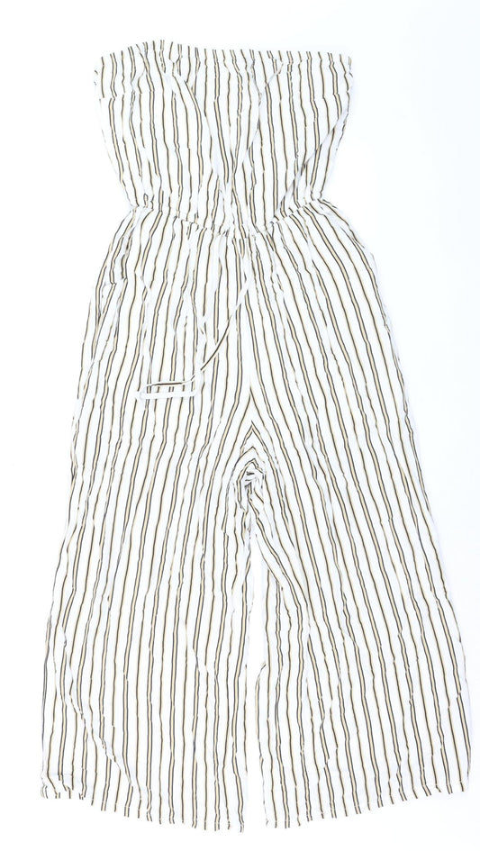 Hollister Women White Beige Striped Strapless Jumpsuit Size M