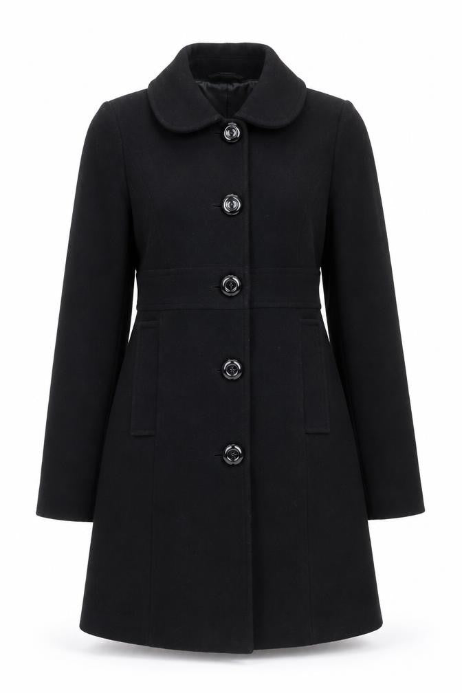 Front view of Killah Women's Black Wool Blend Mid-Length Overcoat, size M