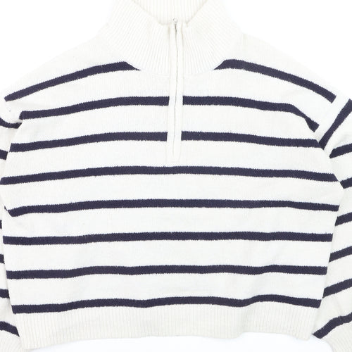 French Connection Women's White Striped 1/2 Zip High Neck Jumper Size L