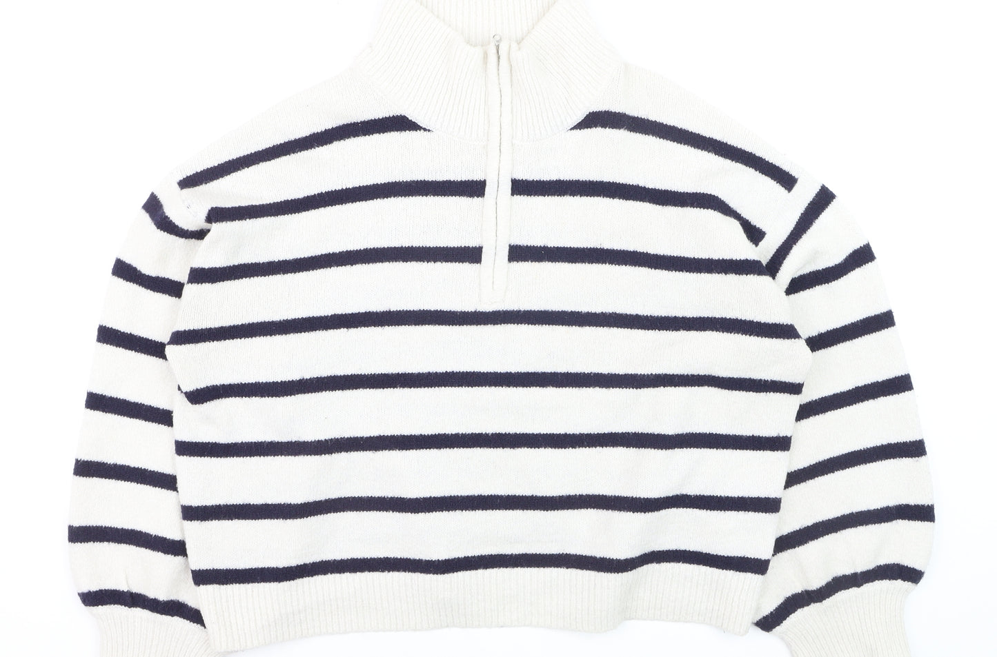 French Connection Women's White Striped 1/2 Zip High Neck Jumper Size L