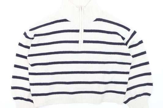 French Connection Women's White Striped 1/2 Zip High Neck Jumper Size L
