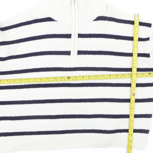 French Connection Women's White Striped 1/2 Zip High Neck Jumper Size L