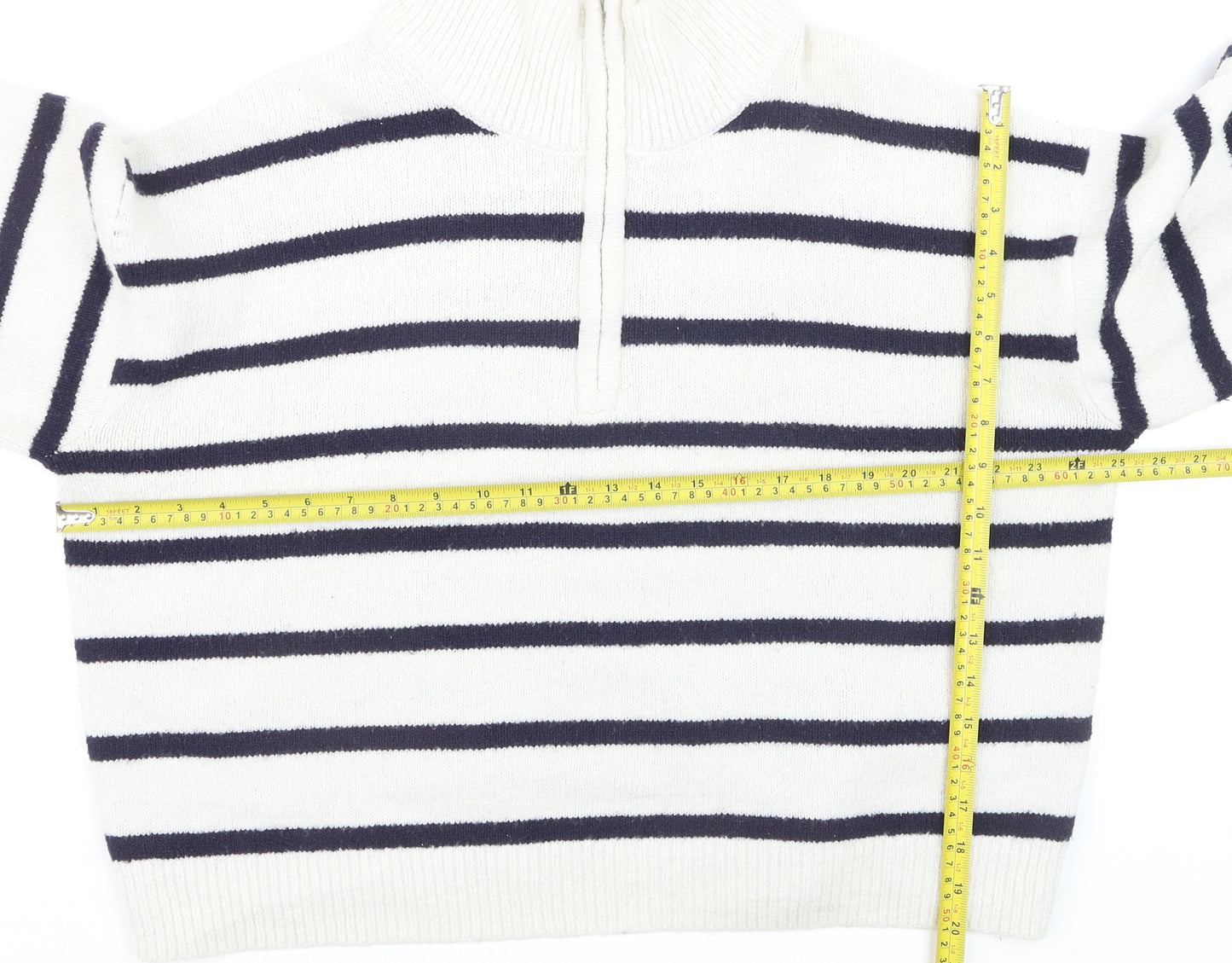 French Connection Women's White Striped 1/2 Zip High Neck Jumper Size L