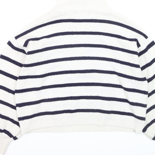 French Connection Women's White Striped 1/2 Zip High Neck Jumper Size L