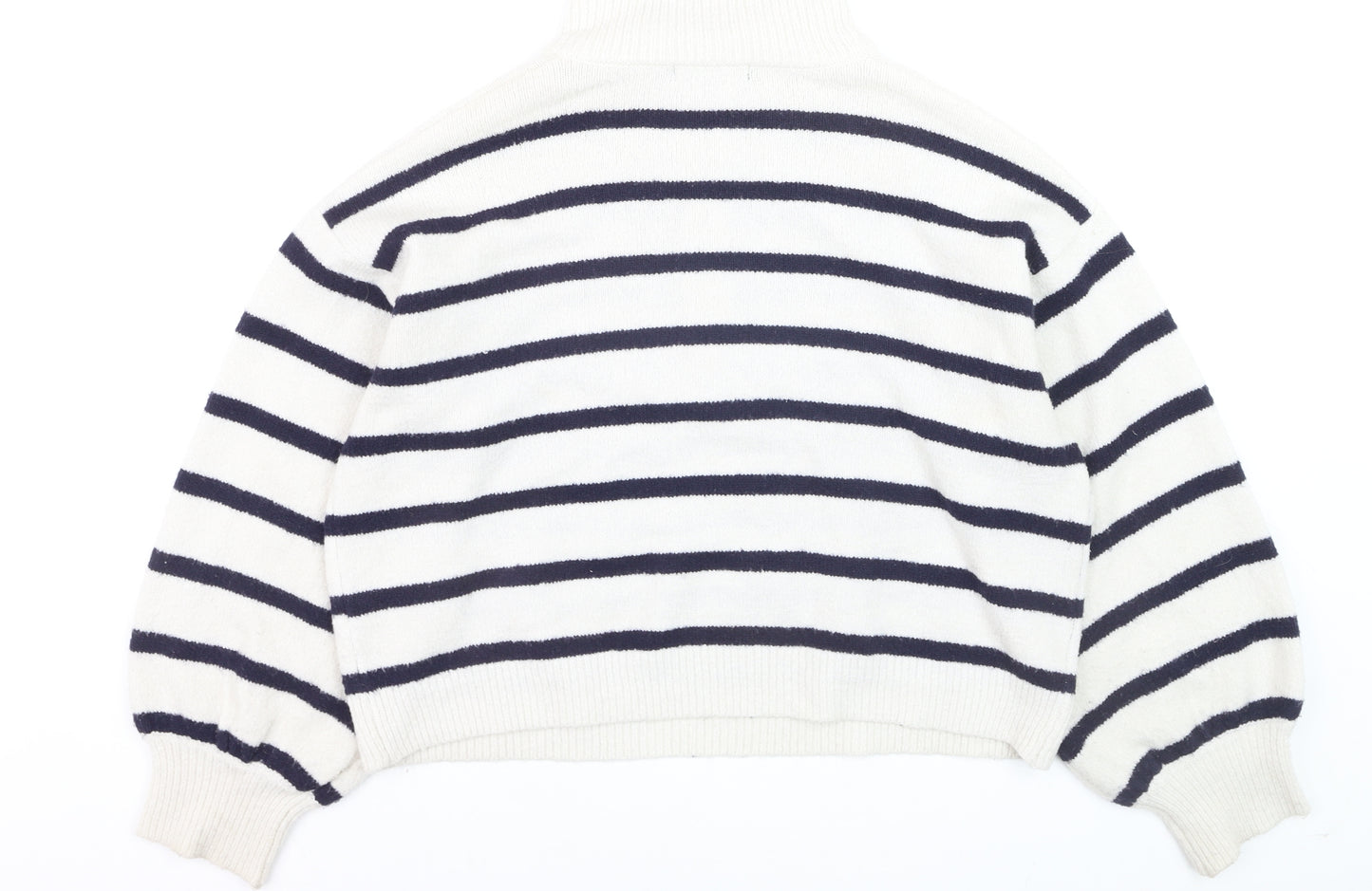 French Connection Women's White Striped 1/2 Zip High Neck Jumper Size L