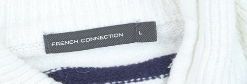 French Connection Women's White Striped 1/2 Zip High Neck Jumper Size L