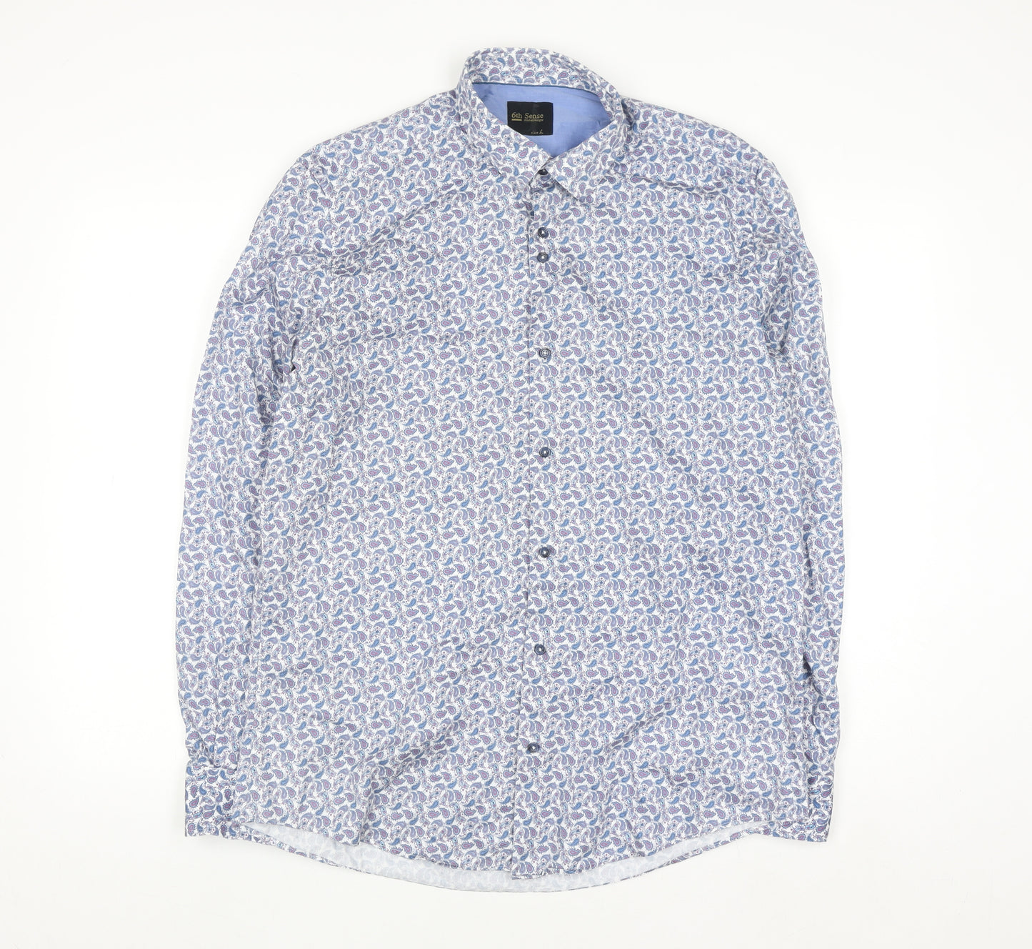 6th Sense Men's Blue Paisley Cotton Long Sleeve Button-Up Shirt L
