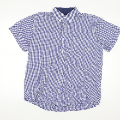 J&J Men's Blue Check Button-Down Short Sleeve Cotton Shirt L