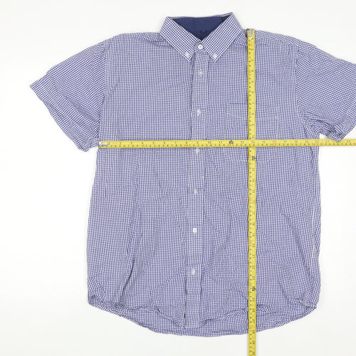 J&J Men's Blue Check Button-Down Short Sleeve Cotton Shirt L