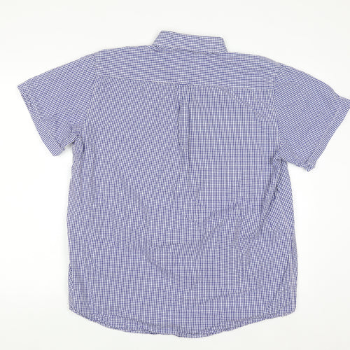 J&J Men's Blue Check Button-Down Short Sleeve Cotton Shirt L