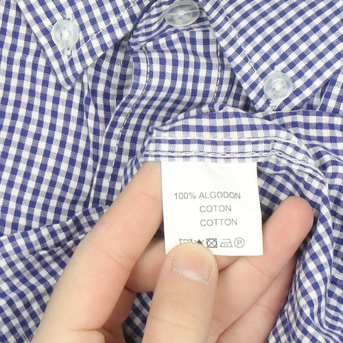 J&J Men's Blue Check Button-Down Short Sleeve Cotton Shirt L