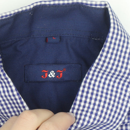 J&J Men's Blue Check Button-Down Short Sleeve Cotton Shirt L