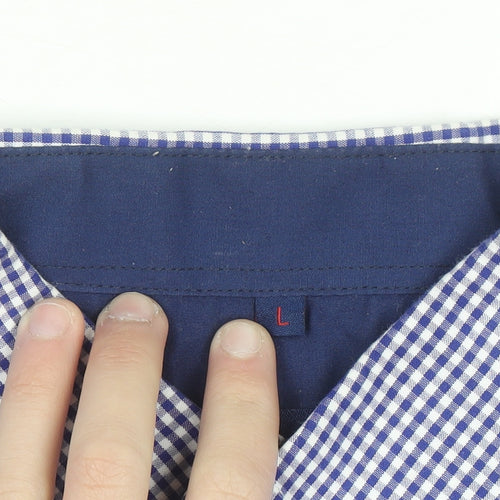 J&J Men's Blue Check Button-Down Short Sleeve Cotton Shirt L