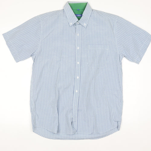 Langzi Men's Blue Check Short Sleeve Button-Up Shirt L Cotton