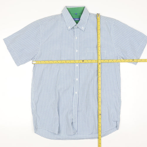 Langzi Men's Blue Check Short Sleeve Button-Up Shirt L Cotton