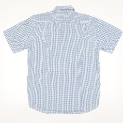 Langzi Men's Blue Check Short Sleeve Button-Up Shirt L Cotton