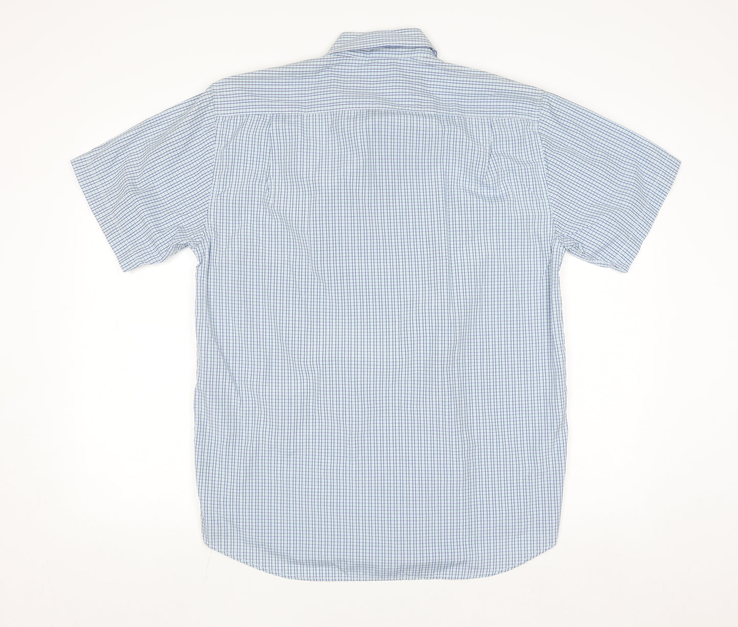Langzi Men's Blue Check Short Sleeve Button-Up Shirt L Cotton