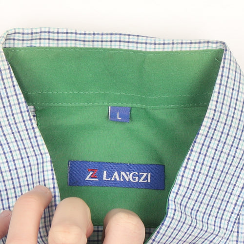 Langzi Men's Blue Check Short Sleeve Button-Up Shirt L Cotton