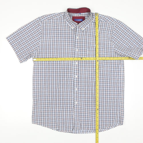 LANGZI Men Blue Check Button-Down Short Sleeve Cotton Shirt XL