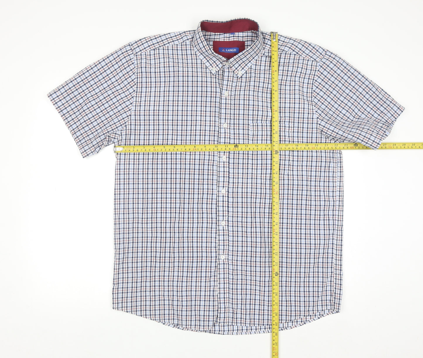 LANGZI Men Blue Check Button-Down Short Sleeve Cotton Shirt XL