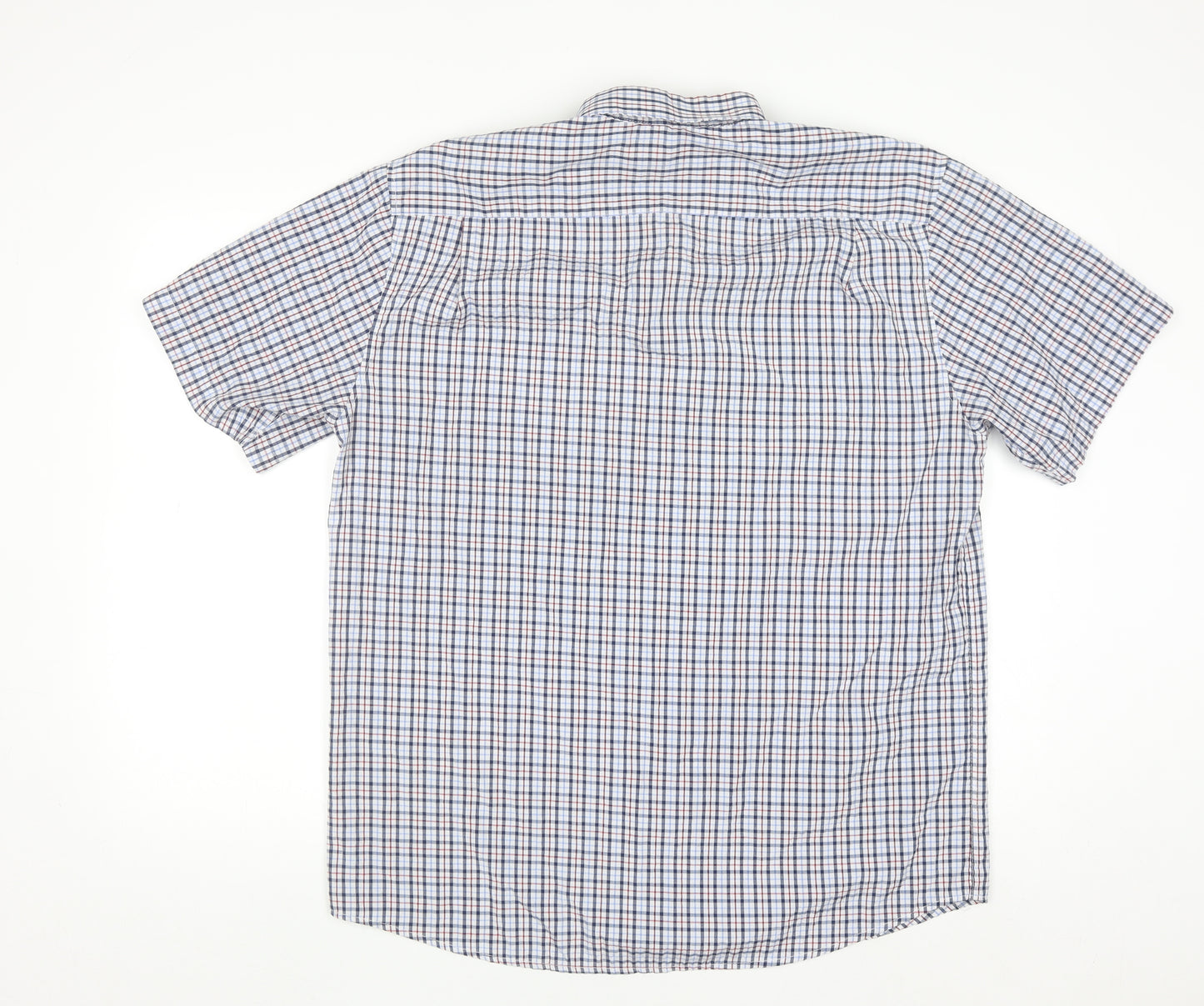 LANGZI Men Blue Check Button-Down Short Sleeve Cotton Shirt XL
