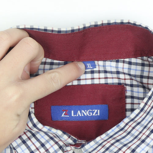 LANGZI Men Blue Check Button-Down Short Sleeve Cotton Shirt XL