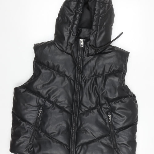 ZARA Women's Black Faux Leather Puffer Hooded Waistcoat Size S