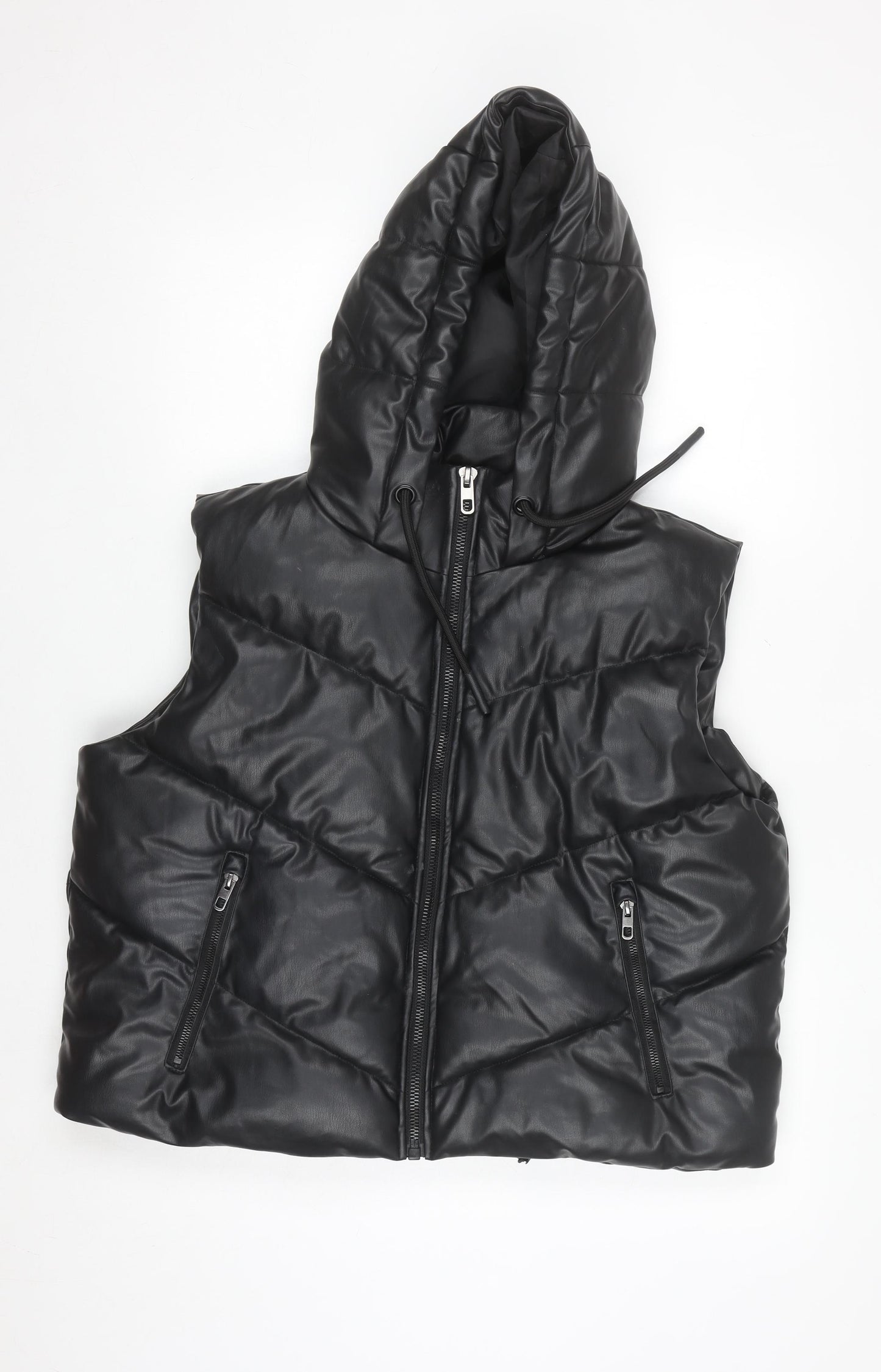 ZARA Women's Black Faux Leather Puffer Hooded Waistcoat Size S