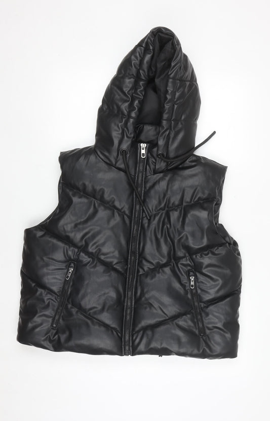 ZARA Women's Black Faux Leather Puffer Hooded Waistcoat Size S