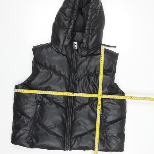 ZARA Women's Black Faux Leather Puffer Hooded Waistcoat Size S