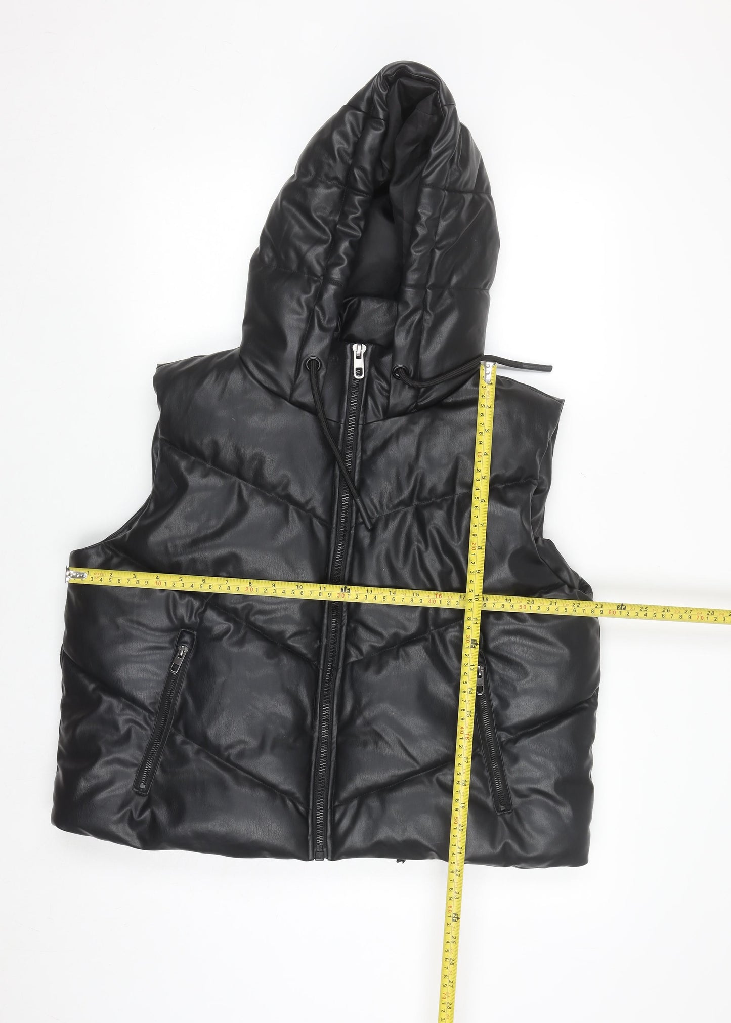 ZARA Women's Black Faux Leather Puffer Hooded Waistcoat Size S