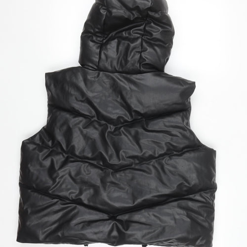 ZARA Women's Black Faux Leather Puffer Hooded Waistcoat Size S