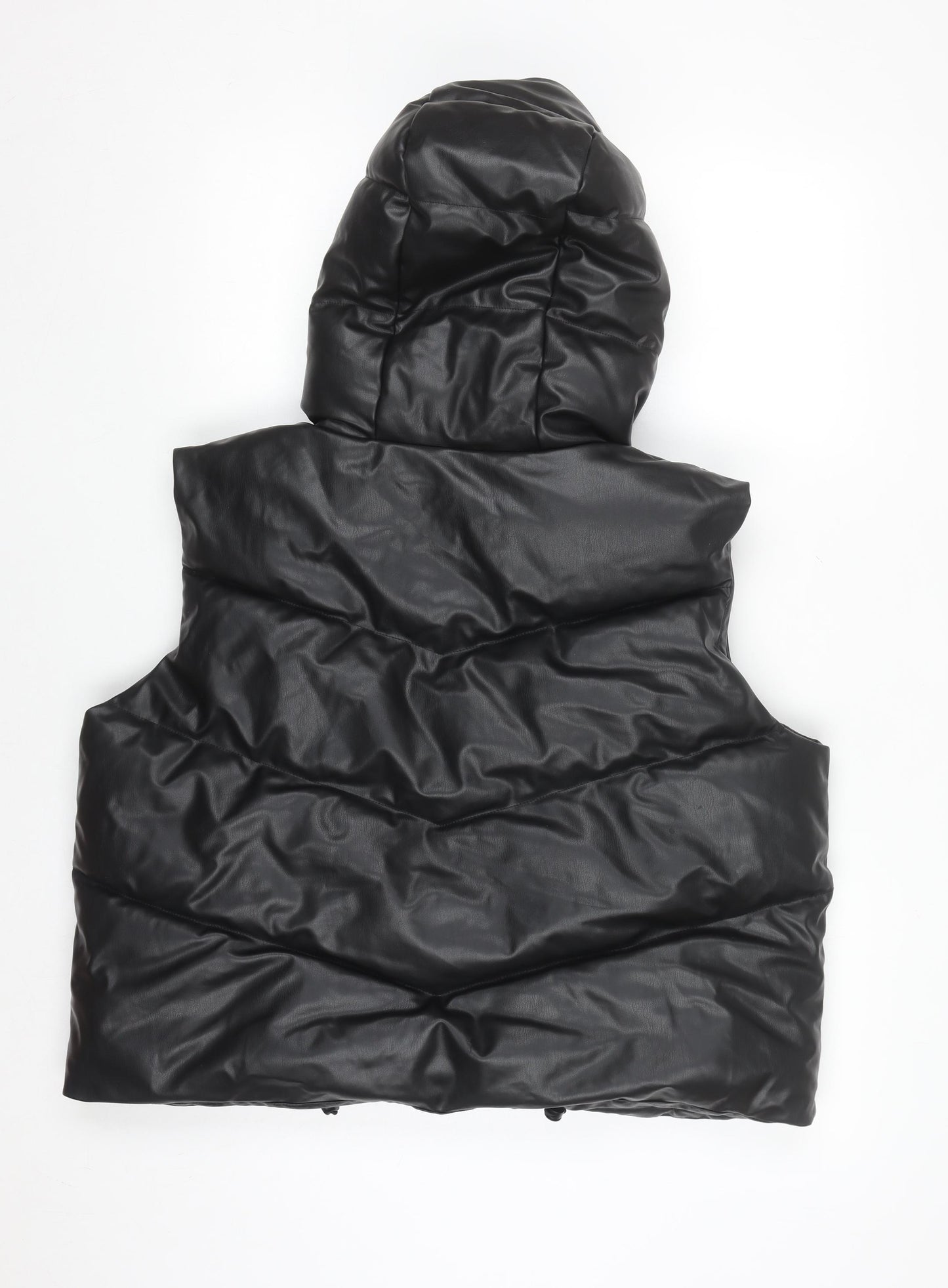 ZARA Women's Black Faux Leather Puffer Hooded Waistcoat Size S
