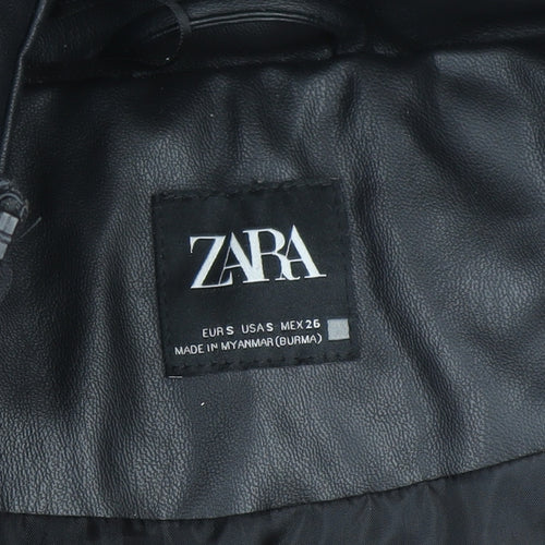 ZARA Women's Black Faux Leather Puffer Hooded Waistcoat Size S