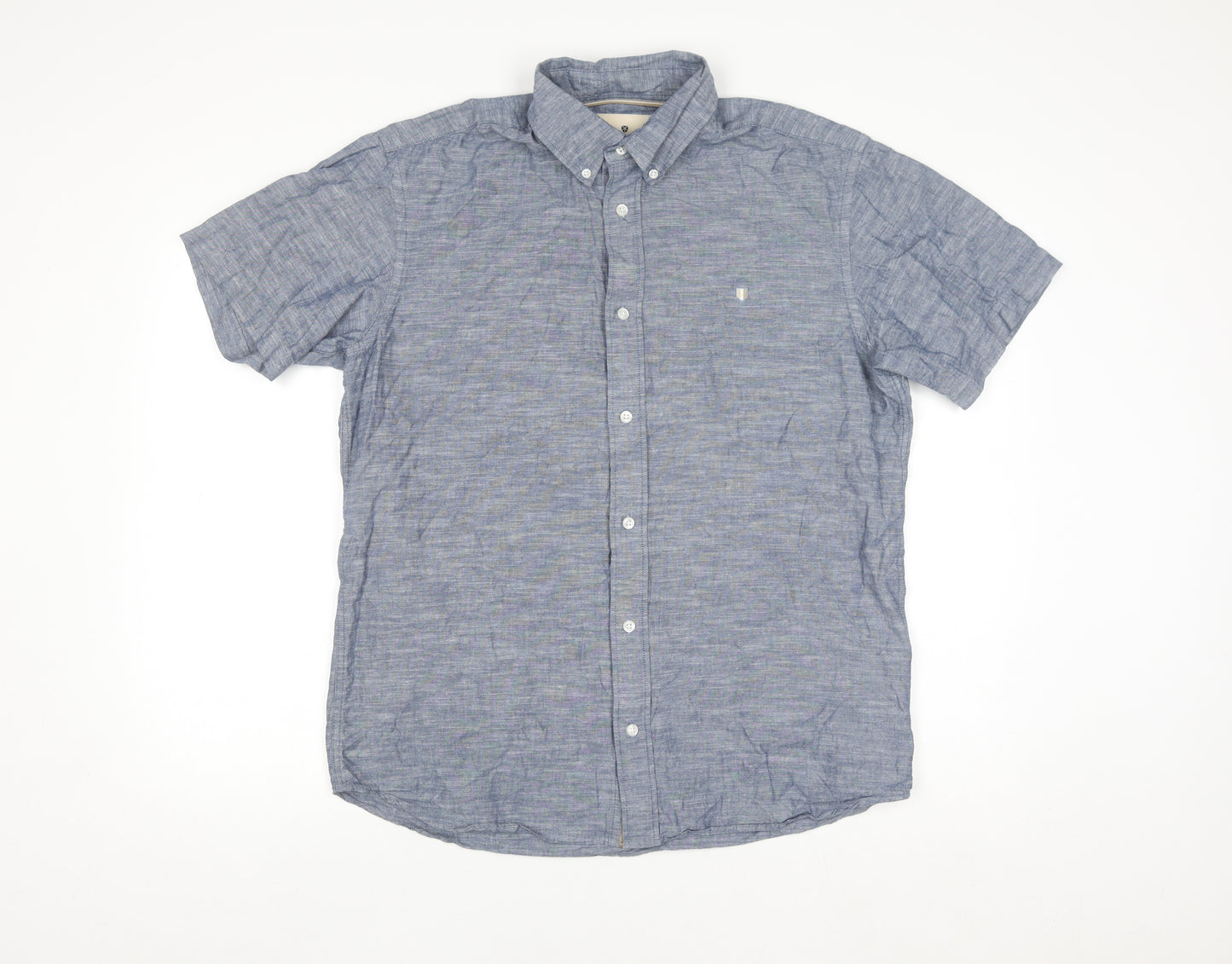 Jack & Jones Men’s Blue Linen Blend Short Sleeve Button-Up Shirt L