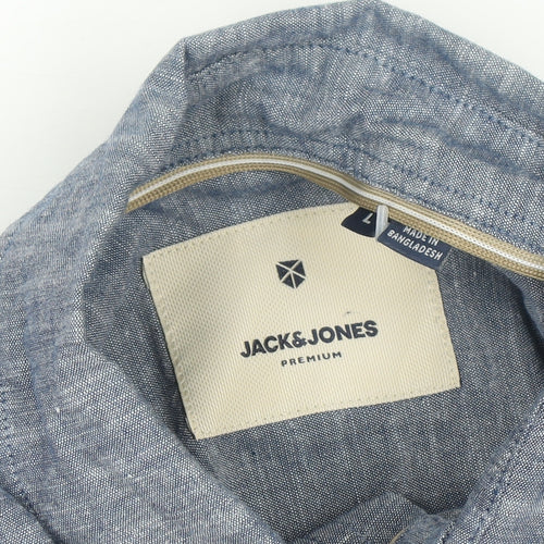 Jack & Jones Men’s Blue Linen Blend Short Sleeve Button-Up Shirt L