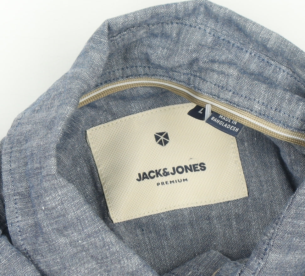 Jack & Jones Men’s Blue Linen Blend Short Sleeve Button-Up Shirt L