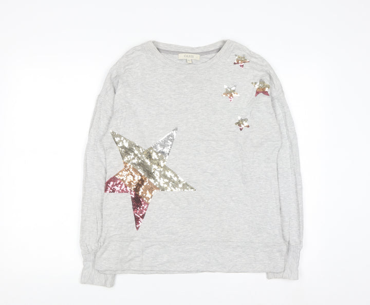 Oasis Womens Grey Sequin Star Long Sleeve Pullover Sweatshirt Size S