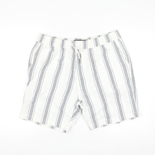 Next Men's White Striped Chino Shorts L Casual Drawstring Cotton